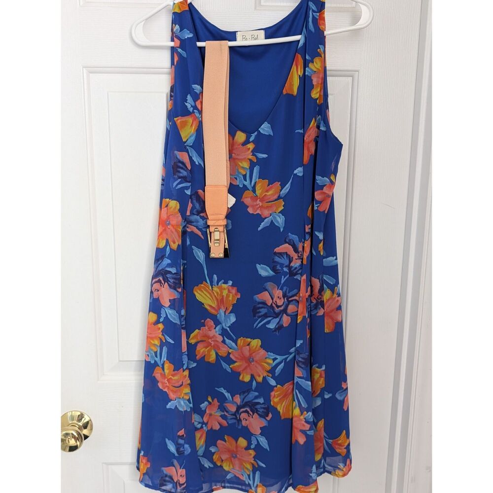 Blue Floral Dress with Pink Waist Belt